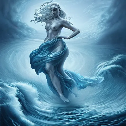 Image similar to powerful goddess of water clothed in swirling water striding through a stormy sea, dress made of water, highly detailed matte fantasy painting, rendered in octane, stormy lighting, by ross tran, by artgerm, by david suh, by peter mohrbacher