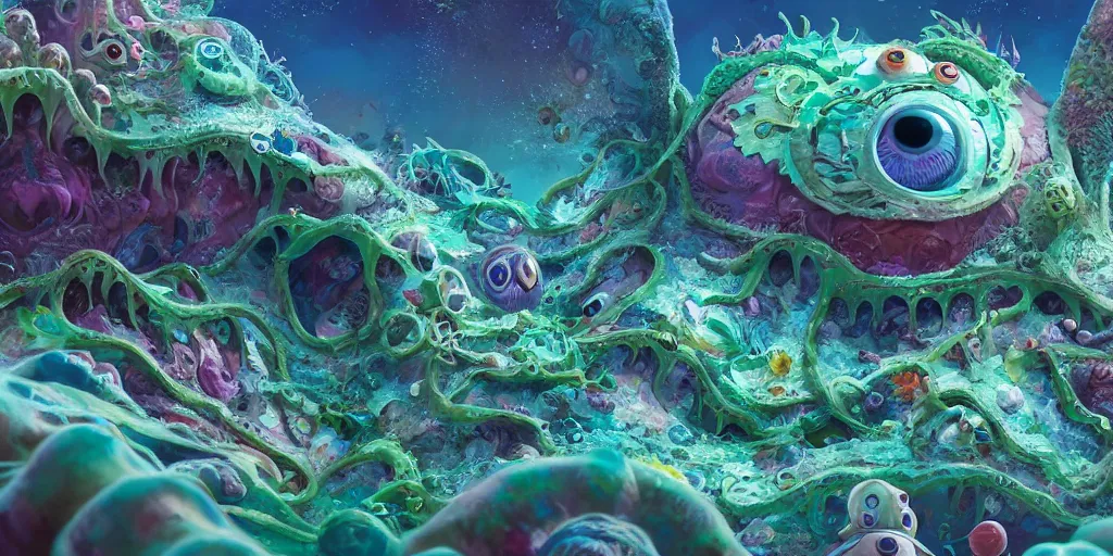 Image similar to of an intricate sea reef with strange cute friendly happy creatures with huge eyes, mouth, long tongue, round teeth and goofy face, appearing from the background, in the style of gehry and gaudi, macro lens, shallow depth of field, ultra detailed, digital painting, trending artstation, concept art, illustration, cinematic lighting, photorealism, epic, octane render