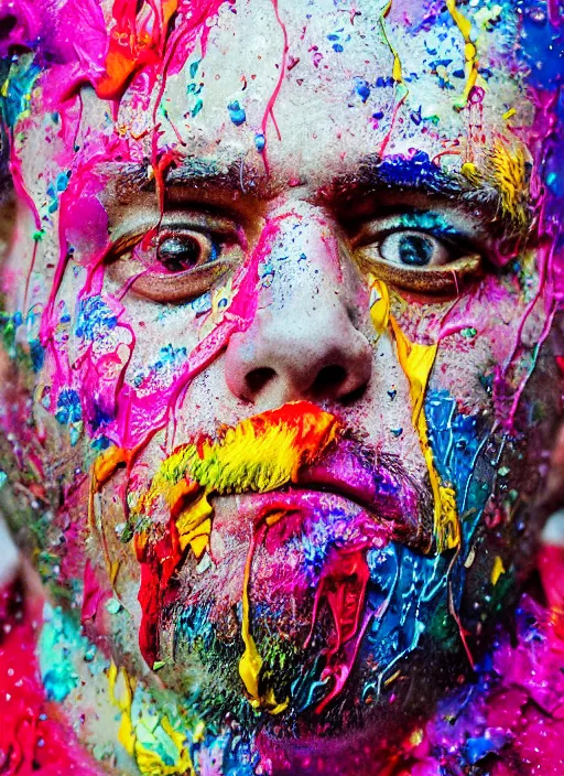 Prompt: abstract expressionist mid shot portrait of a man made of very thick impasto paint and acrylic pour and coloured powder explosion and splashing paint and dripping paint and flying paint chunks, eyes closed or not visible, expressing strong emotions, art by antony micallef, motion blur, hyperrealistic, intricate art photography, anatomically correct, realistic crisp textures, 1 6 k