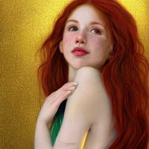 Image similar to a highly detailed, hyper realistic, full body gorgeous portrait of a red haired young woman, surrounded by the like of golden fireflies, long hair, green eyes, hint of freckles, round gentle face, cheeky smile, romantic, deep focus, elegant, digital painting, smooth, sharp, golden ratio, illustration, art by artgerm and caravaggio