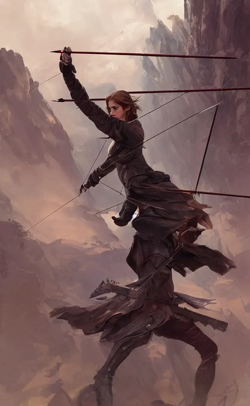 Prompt: portait of a buff emma watson archer shooting arrow, front game card, drark, marvel comics, dark, intricate, highly detailed, smooth, artstation, digital illustration by ruan jia and mandy jurgens and artgerm and wayne barlowe and greg rutkowski and zdislav beksinski