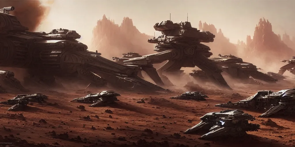 Image similar to hyper realistic sci - fi matte concept art painting of epic cinematic battle between mechwarriors and soldiers fighting on mars, guns, missiles, explosions, beautiful details, strong composition painted by kim jung guweta studio rutkowski, james gurney and greg rutkowski, and lucasfilm, smooth, intricate, detailed, sharp focus, cinematic