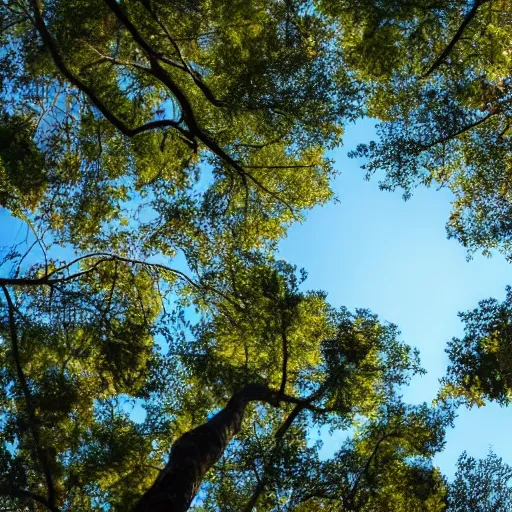 Prompt: looking up into the tree canopy seeing the blue sky