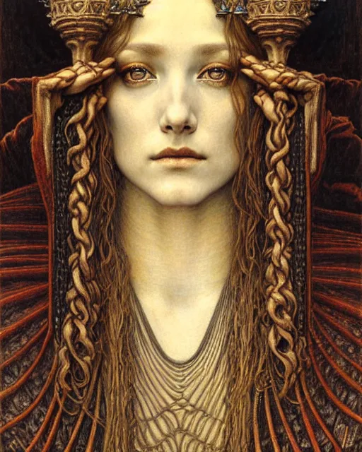 Image similar to detailed realistic beautiful young medieval queen face portrait by jean delville, gustave dore and marco mazzoni, art nouveau, symbolist, visionary, gothic, pre - raphaelite. horizontal symmetry