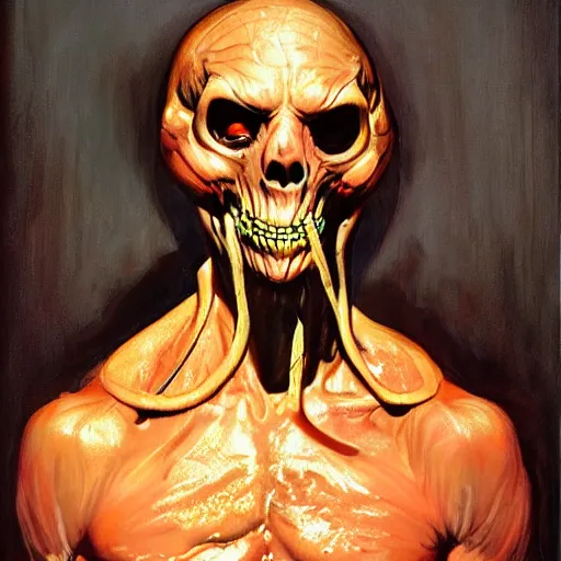 Image similar to ultra realistic portrait painting of skeletor as hannibal lecter, art by frank frazetta, 4 k, ultra realistic, highly detailed, epic lighting