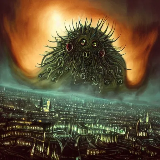 Prompt: Azathoth attacking London at night