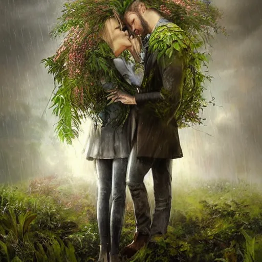 Prompt: a couple with plants growing out of their heads, growth of a couple, rainy day, atmospheric by aleksi briclot