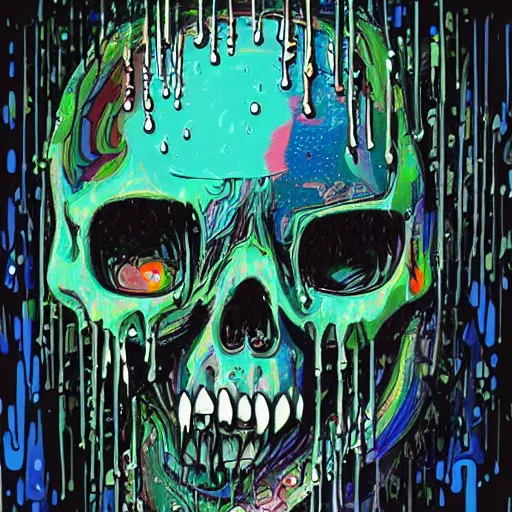 Image similar to drippy, dripping paint, skull, trippy, glitch, miyazaki style, exaggerated accents