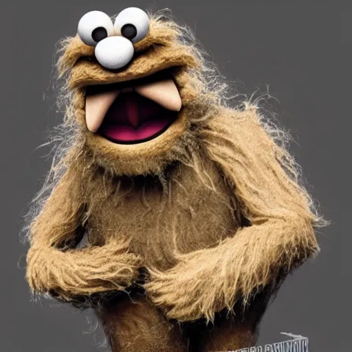 Image similar to a still of a forgotten muppet character looking very manly and modern, hilarious, laughing, hairy chest, huge chin, manly monster tough guy, roughled fur, photo real, photographic, photograph, artstation, trending, featured