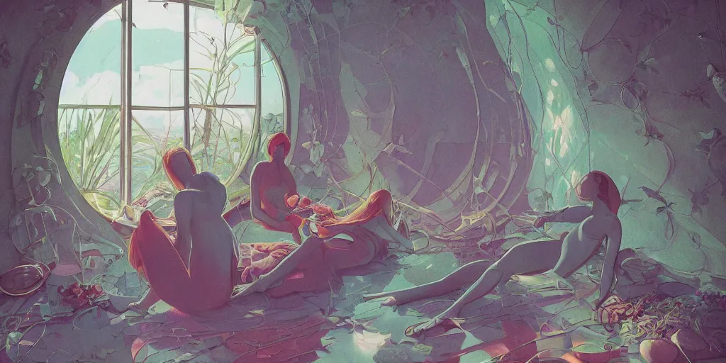 Prompt: illustrated figures relaxing in 90s interior with organic circular windows, natural starlight, bright colors, romantic greenery, flowers, cinematic, cyberpunk, smooth, chrome, lofi, nebula, calming, dramatic, fantasy, by Moebius, by zdzisław beksiński, fantasy LUT, studio ghibli, high contrast, epic composition, sci-fi, dreamlike, surreal, angelic, 8k, unreal engine, hyper realistic, fantasy concept art,