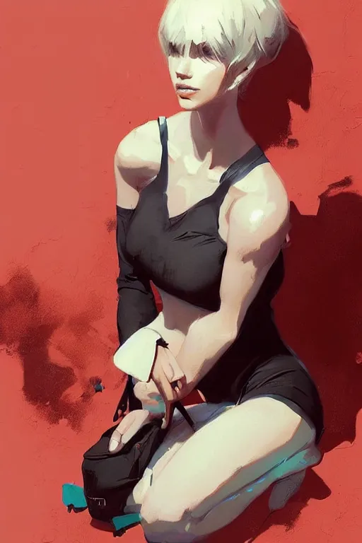 Image similar to a ultradetailed beautiful painting of a stylish woman sitting on the floor of a tiled room, by greg rutkowski, conrad roset, and ilya kuvshinov trending on artstation