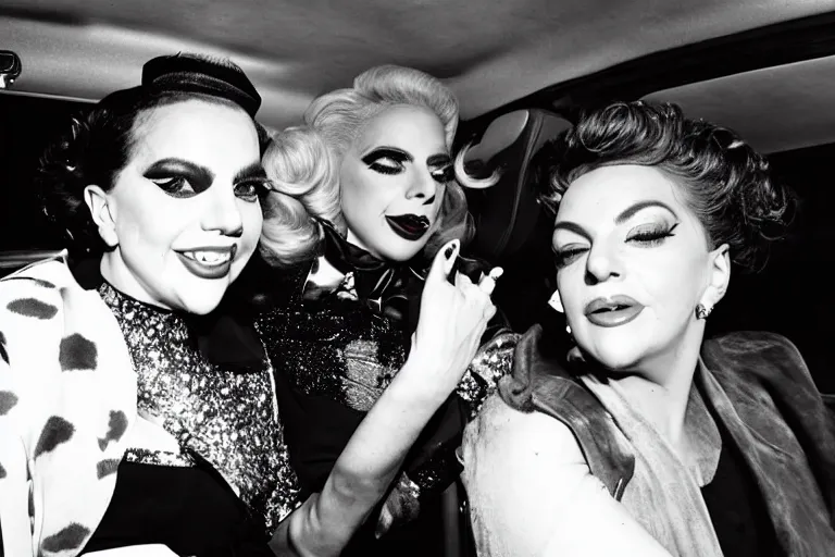 Image similar to lady gaga and judy garland doing carpool karaoke, lady gaga and judy garland, carpool karaoke, lady gaga, judy garland, carpool karaoke, youtube video screenshot, the late late show with james corden