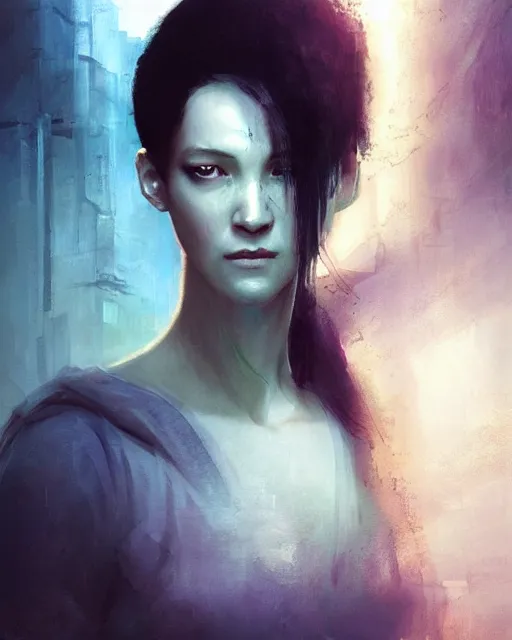 Image similar to gracious, regal majestic, pragmatic, charismatic character persephone from the matrix, face centered portrait, confident, ruined cityscape, sterile minimalistic room, architecture, fog, volumetric lighting, illustration, perfectly shaded, greenish tinge, cold lights soft painting, art by krenz cushart and wenjun lin