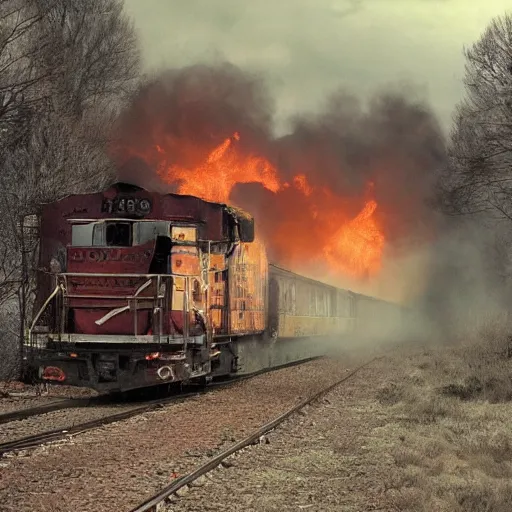 Image similar to trainwreck, boxcar on fire, atmospheric and depressed, post-apocalyptic, Cinematic, film still from a horror movie