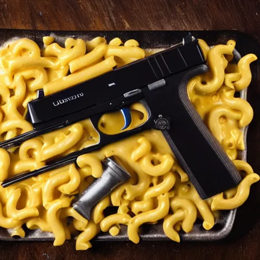 Image similar to a gun made of mac and cheese