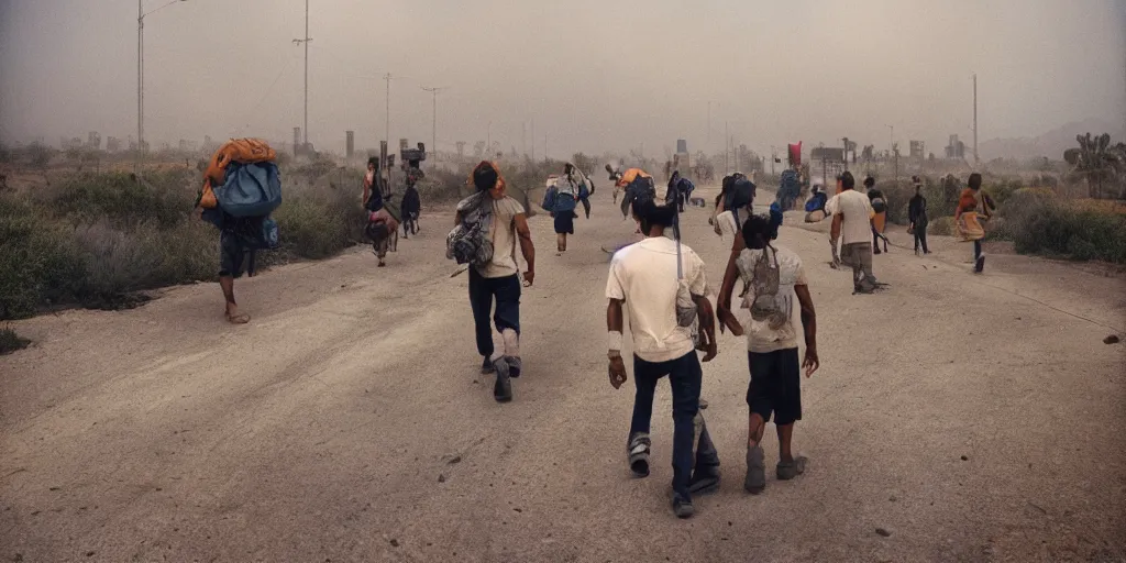 Prompt: realistic photograph of dystopian climate migrants escaping Los Angeles as the earth decays behind them by Scott M Fischer, 8k, misty, dark, dry, Orwellian, vibrant colors, 25mm film grain