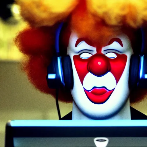 Prompt: obese Ronald Mcdonald wearing a headset yelling at his monitor while playing WoW highly detailed wide angle lens 10:9 aspect ration award winning photography by David Lynch esoteric erasure head