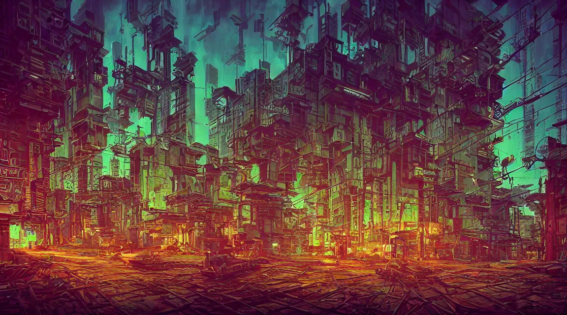 Prompt: post apocalyptic cyberpunk city block buildings, synthwave neon retro, by Vladimir Manyukhin, by Simon Stålenhag, by Zdzisław Beksiński, by Guido Borelli, by Nathan Walsh, by Peter Gric, Wild vegetation, mold, deviantart, trending on artstation, Photorealistic, Incredible Depth, vivid colors, polychromatic, glowing neon, geometric, concept art digital illustration panorama, polished, beautiful, HDR Unreal Engine 64 megapixels IMAX Terragen 4.0, 8k resolution concept art filmic complex utopian mysterious moody futuristic