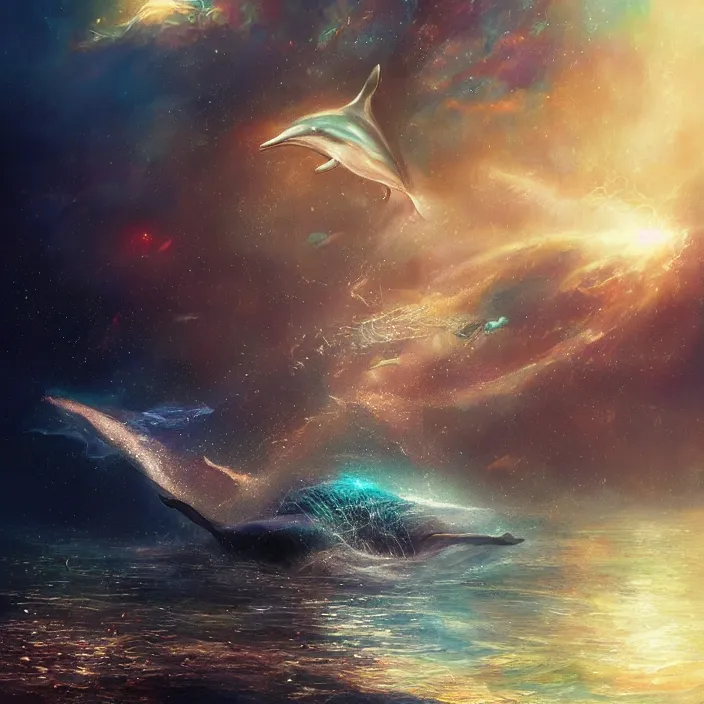 Image similar to glimmering whale, dolphins, golden hour, god rays, coral reef, dreamscape by artgerm and ruan jia and ismail inceoglu and greg olsen, cosmos, milky way galaxy, masterpiece, beautiful, intricate, elegant, highly detailed