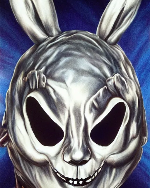 Image similar to frank halloween rabbit mask in donnie darko, airbrush, drew struzan illustration art, key art, movie poster