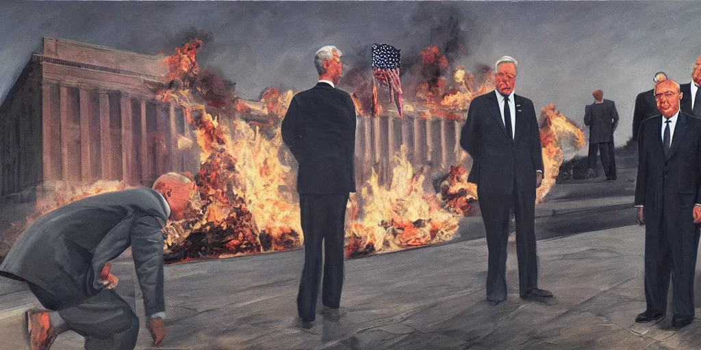 Prompt: United States President viewing the Capital Burn, 1958, Oil on Canvas, Antiwar, full body, dramatic, surreal, digital art