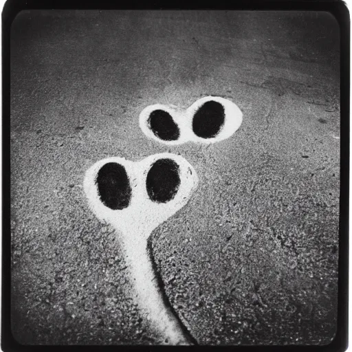 Image similar to wide-shot very low-angle eyesight first-person!! cat's paw prints on fresh cement at the street, polaroid photo, by Andy Warhol