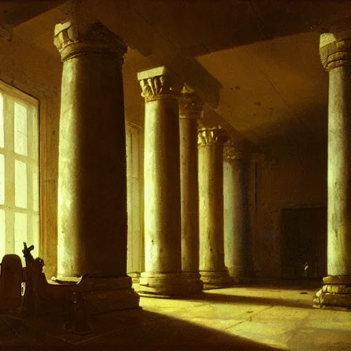 Prompt: painting of a scifi ancient civilzation alien empty room with pillars, andreas achenbach