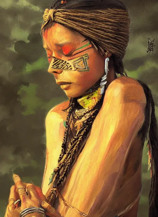 Image similar to A painting of a tribal woman, trending on artstation in the style of Greg Rutkowski