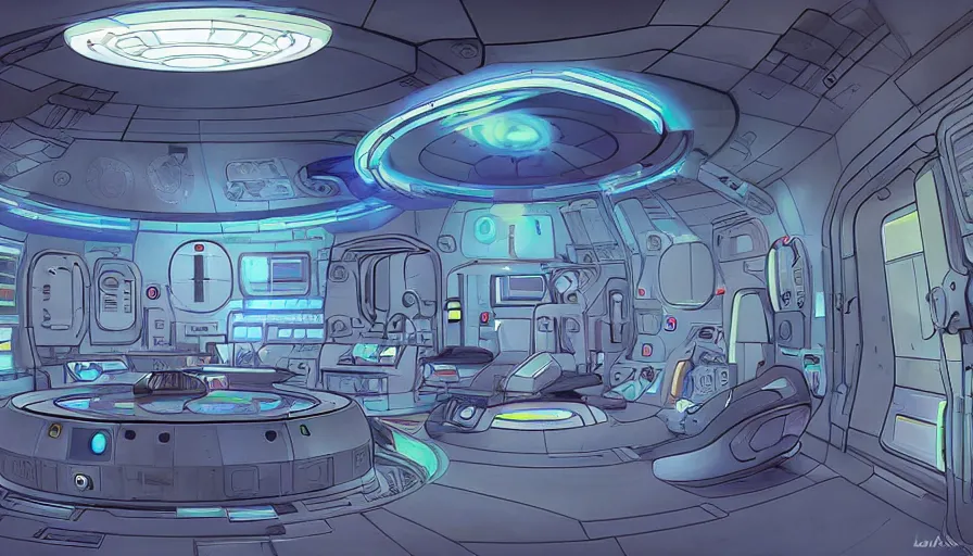 Image similar to a space ship circular medic room with bright holodesk in the center showing a blue hologram of a solar system, cryogenic pods, dark people discussing, contrasted light, clair obscur, illustration, clean lines, star wars vibe, by sead mead, by feng zhu!!! by moebius, vivid colors, spectacular cinematic scene