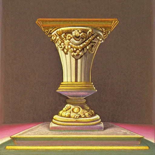 Image similar to still life renaissance pastel painting of a room with a marbled pedestal displaying an ancient holy artifact medallion, chromed and ornate with gentle iridescent shine from within. perspective from the side. realistic light and shadows. moody final fantasy art