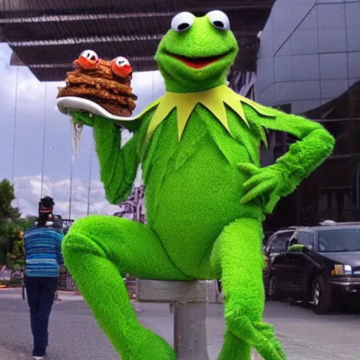 Prompt: kermit the frog and godzilla go to white castle