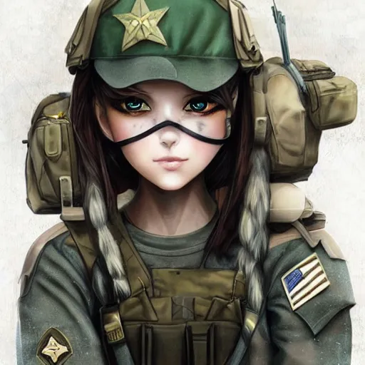 Image similar to anime girl in a united states army special forces uniform, cute face, digital art, portrait, anna dittmann