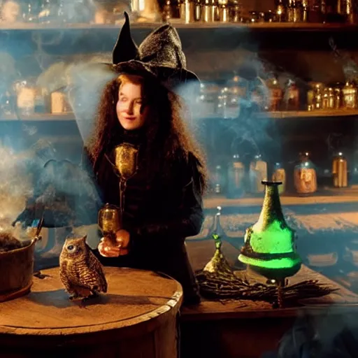 Prompt: teen witch mixing a spell in a cauldron with an owl next to her, wispy smoke, witch hat, studio photography, green glowing smoke is coming out of the cauldron, ingredients on the table, apothecary shelves in the background, still from sabrina the teenage witch