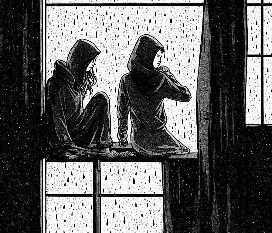 Image similar to sadie sink in hoodie sits on windowsill, knees tucked in | rain falls at night : single storyboard panel, scifi cyberpunk, b & w. by gabriel hardman, joe alves, chris bonura. cinematic atmosphere, detailed and intricate, perfect anatomy