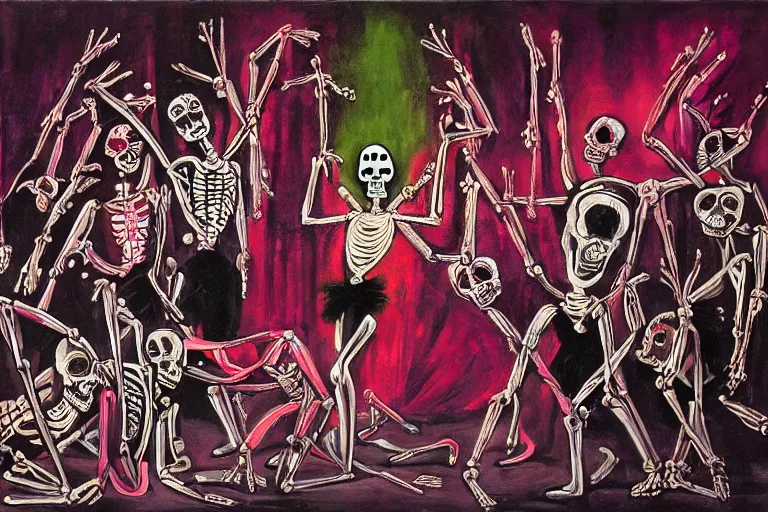 Prompt: scene from ballet, day of the dead, cyber skeletons, queen in black silk in the center, neon painting by otto dix