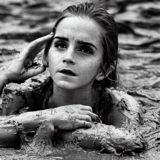 Image similar to film still, close up, emma watson rising out of muddy vietnam river, face covered in mud, low camera angle at water level, night time, film still from apocalypse now ( 1 9 7 9 ), 2 6 mm