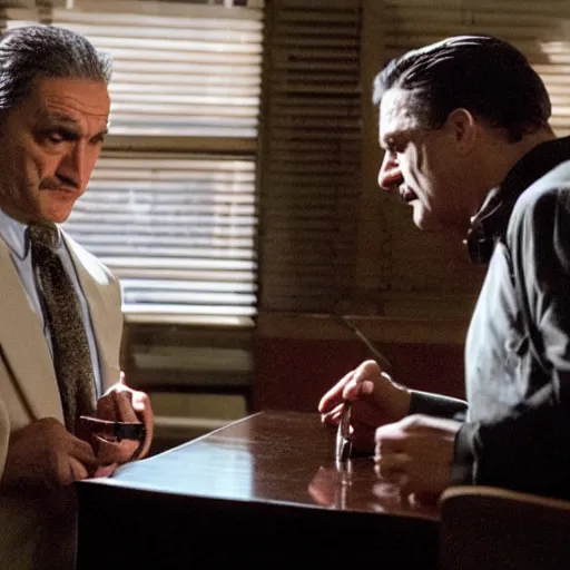 Prompt: in this scene from david chase's hbo miniseries / the outfit /, a supernatural mafia crime thriller about magical monster - hunting mafiosi in 9 0 s philadelphia the main character ( played by joe manganiello ) is being interrogated by his boss ( played by robert de niro ). realistic hd 8 k film photography. composition inspired by christopher mckenna.