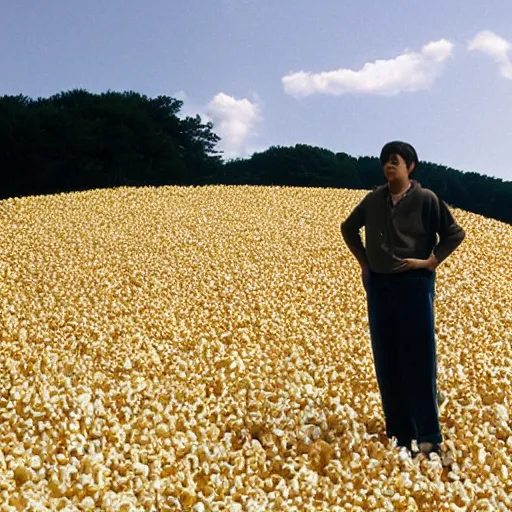 Image similar to man stands on a meadow made of popcorn, studio ghibli