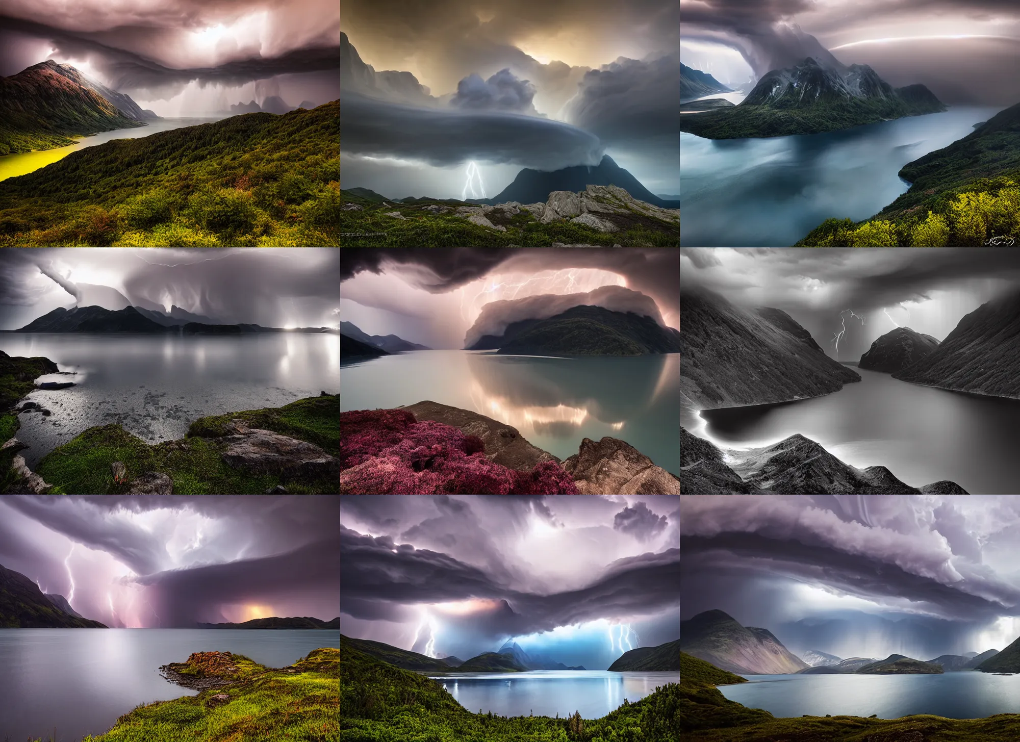 Prompt: a dramatic landscape photo by ryan dyar of a thunderstorm and fjord, highly detailed, 8 k