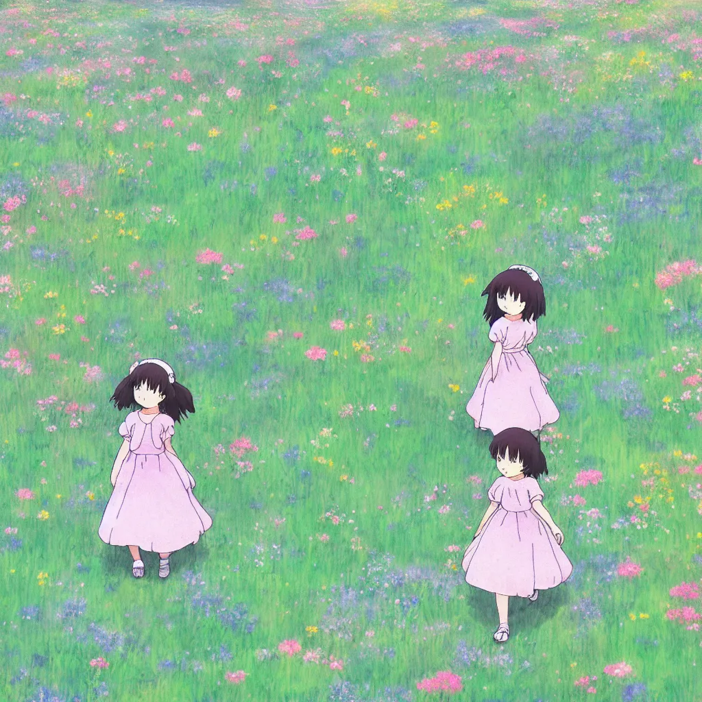 Image similar to little girl in princess dress, walking alone through a field of flowers, puffy clouds, beautiful, summer, calm, studio ghibli, art by hayao miyazaki, makoto shinkai