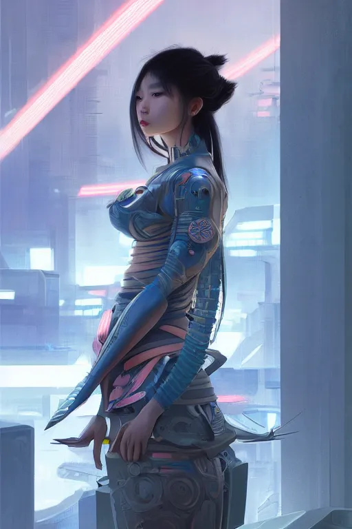 Image similar to portrait futuristic Samurai Girl, in future cyberpunk tokyo rooftop , ssci-fi, fantasy, intricate, very very beautiful, elegant, human anatomy, neon light, highly detailed, digital painting, artstation, concept art, smooth, sharp focus, illustration, art by tian zi and WLOP and alphonse mucha