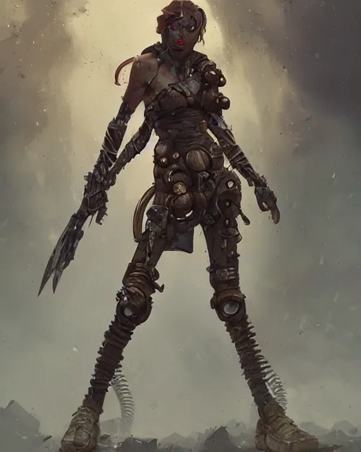 Image similar to hyper realistic photo of postapocalyptic nomad cyborg warrior geisha, full body, cinematic, artstation, cgsociety, greg rutkowski, james gurney, mignola, craig mullins, brom, ghibli, mucha