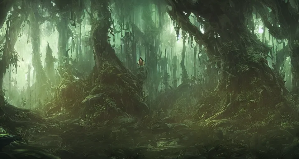 Image similar to A dense and dark enchanted forest with a swamp, by League of Legends concept artists