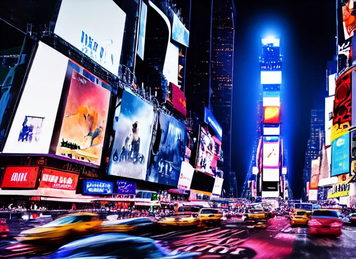 Image similar to film still of the moon shattering into pieces over time square in the new sci - fi movie, 8 k, night time