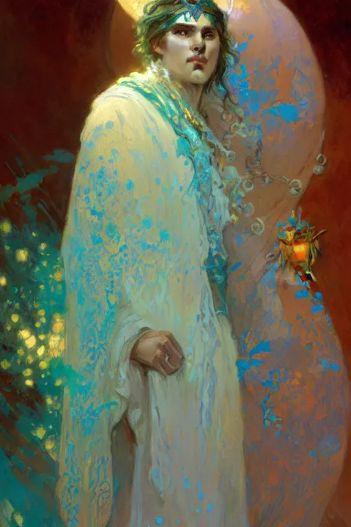 Image similar to pearlescent turquoise moon sorcerer, character design, painting by gaston bussiere, craig mullins, greg rutkowski, alphonse mucha