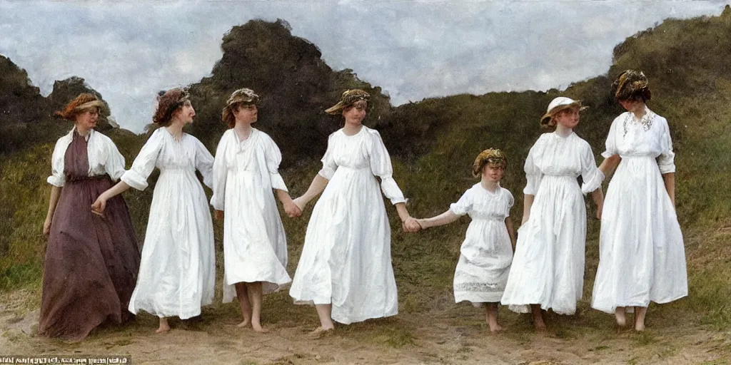 Image similar to five young edwardian women wearing white dresses on a beach in Sweden, two of them are holding hands, in the style of Anders Zorn