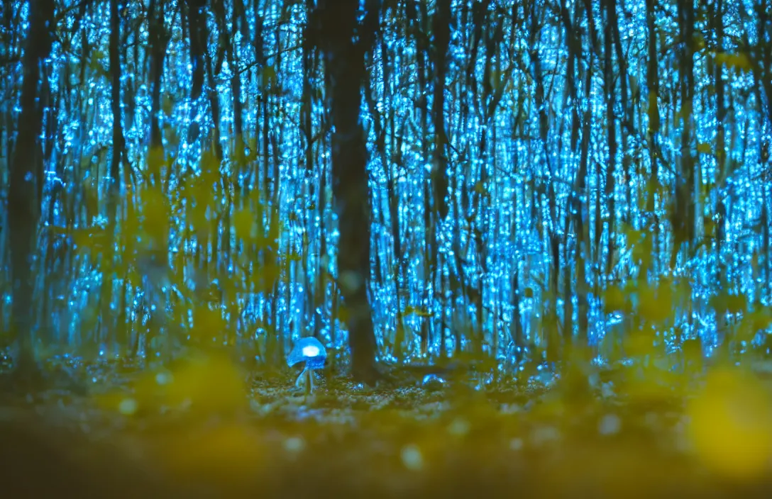 Image similar to blue forest, glowing mushrooms, sigma lens, strong bokeh, photography, highly detailed, 8 5 mm, f / 1. 3, night time, surreal