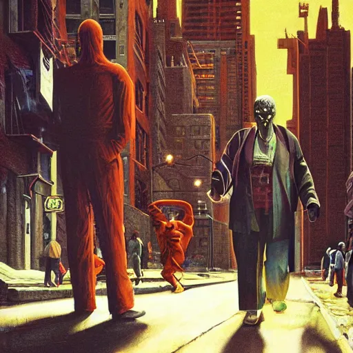 Prompt: a man is followed through the lower east side by strange figures he can only half - see. high quality high detail painting by david mattingly and ralph mcquarrie and richard corben, hd, realistic matte painting, photorealistic lighting, modern supernatural urban horror