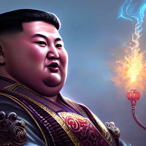 Image similar to portrait of kim - jong un as buddha, league of legends amazing splashscreen artwork, gears of war, splash art, natural light, elegant, photorealistic facial features, intricate, fantasy, detailed face, atmospheric lighting, anamorphic lens flare, cinematic lighting, league of legends splash art, hd wallpaper, ultra high details by greg rutkowski