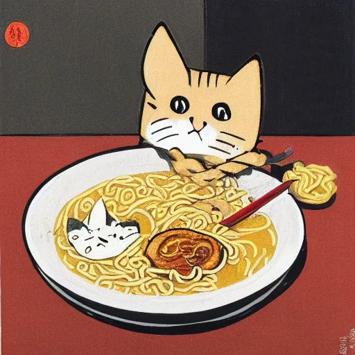 Image similar to fat cat eating ramen noodles on toast, japanese art